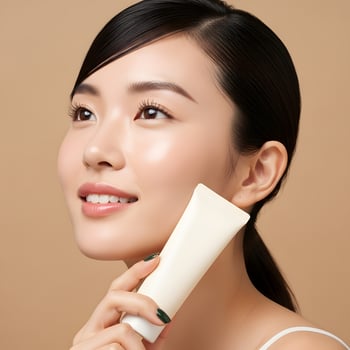 Radiant Beauty Asian Woman Showcasing Skincare Product on Beige Background, Healthy Skin Asian Model Promoting Beauty Product for Flawless Complexion photo