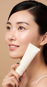 Asian Woman Showcasing Skincare Product with Radiant Complexion, Captivating Beauty with Glowing Skin Promoting Beauty Product photo