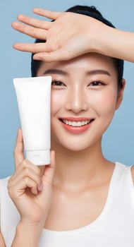 Smiling Asian woman promoting skincare product with hand shielding sun, Close-up of model showcasing sunscreen cream against a vibrant blue background photo