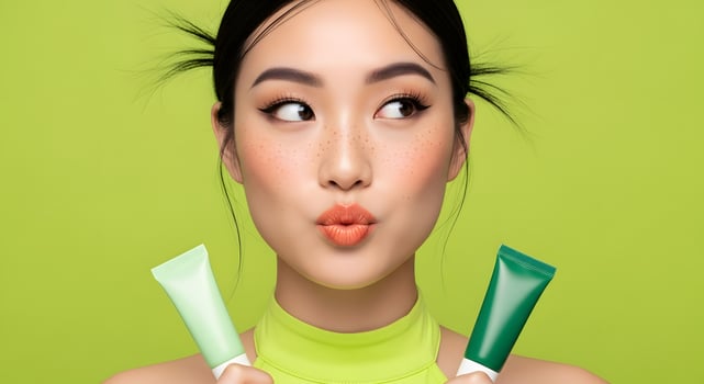 Asian Womans Radiant Beauty Secret Exploring Green Skincare with a Modern Twist, Two Vibrant Tubes of Beauty A Stylish Asian Woman Showcasing Green Skincare Products photo