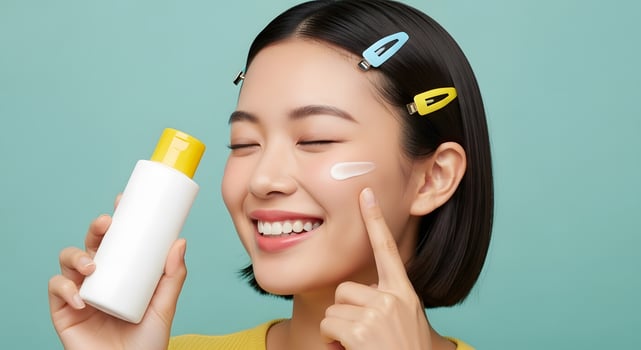 Radiant skincare Smiling woman applying cream, Asian model with moisturizing cream, and youthful glow,A healthy, happy woman with glowing skin showing the proper care and beauty regime photo