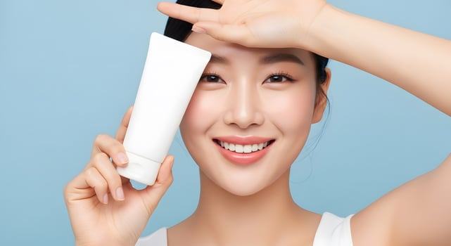 Smiling Asian Woman Showcasing Skincare Cream on Blue Background, Radiant Beauty and Product Presentation in Studio Shot photo