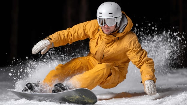 A man in yellow snow suit riding a snowboard down a hill photo
