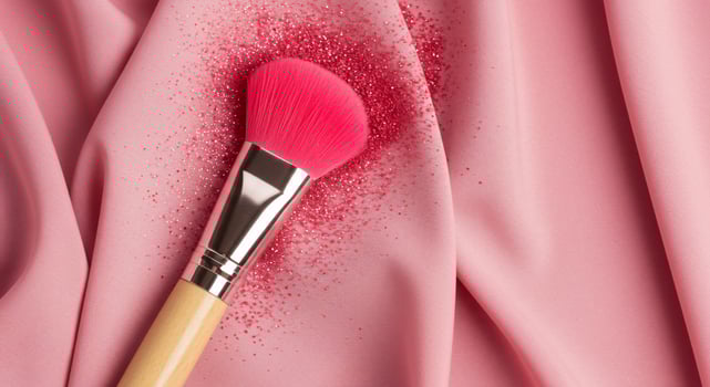 Pink Makeup Brush and Glitter on Soft Pink Fabric, Beauty Concept photo