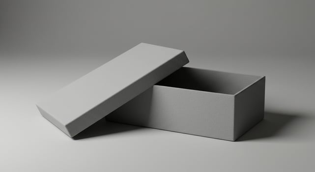 Open gray box with lid at an angle, minimalist presentation photo