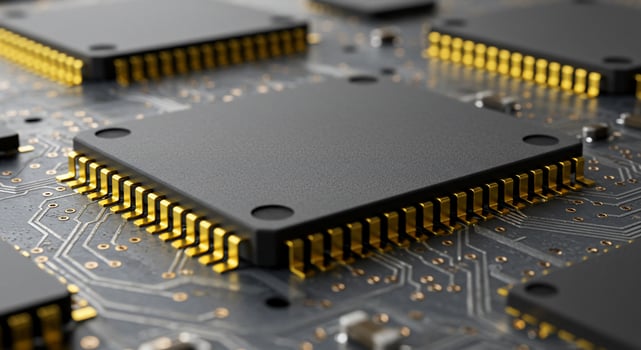 Close-up of a modern computer chip with gold pins on a circuit board photo