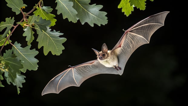 A bat is flying through the air with leaves in the background photo