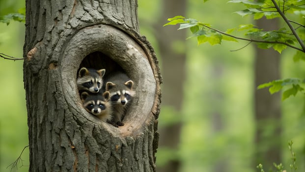 Three raccoons in a hollow tree photo