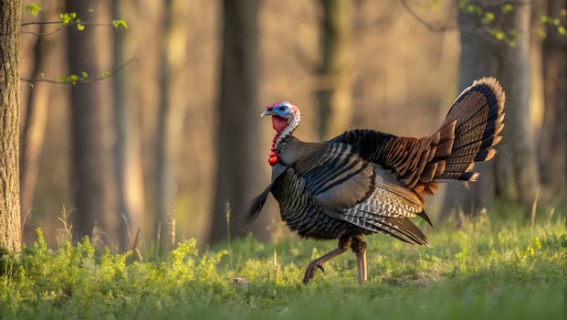 A turkey walking through a wooded area photo