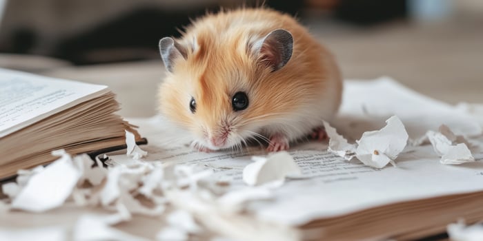 A curious hamster explores its cozy environment of shredded paper and books, delighting observers photo