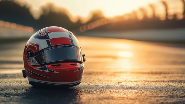 Red and White Racing Helmet Resting on Track During Sunset photo