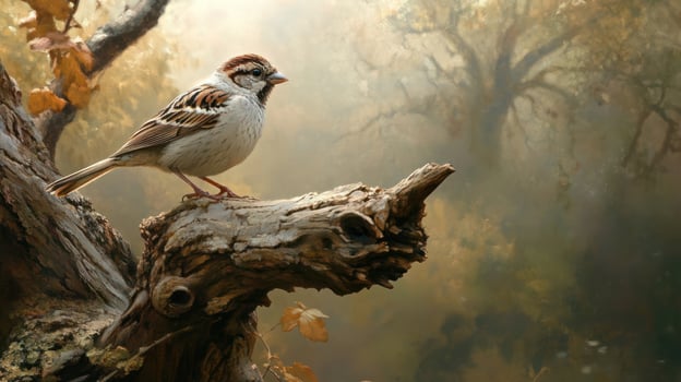 A sparrow perched on a weathered tree branch in a serene autumnal forest photo
