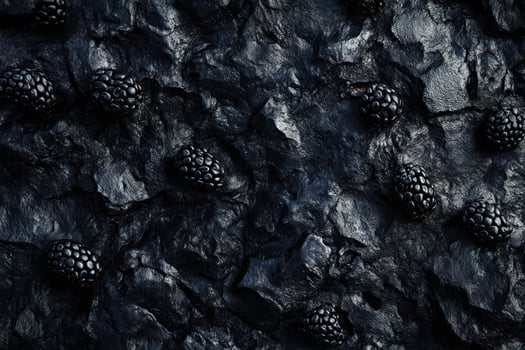 Dark, textured rock surface with scattered blackberries photo