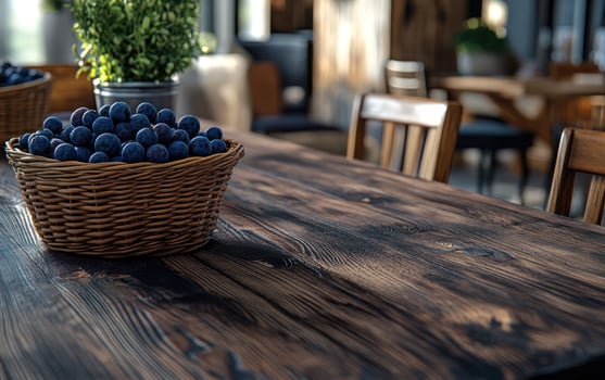 Dark wooden table with basket of berries in a room photo
