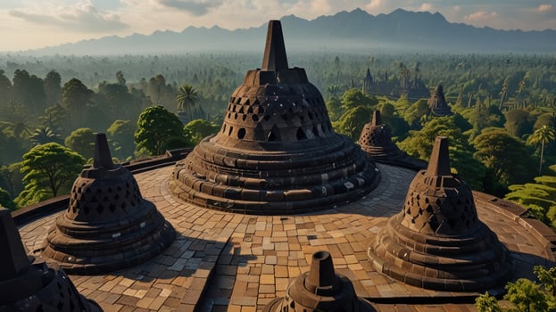 Ancient stone stupas in a lush landscape photo