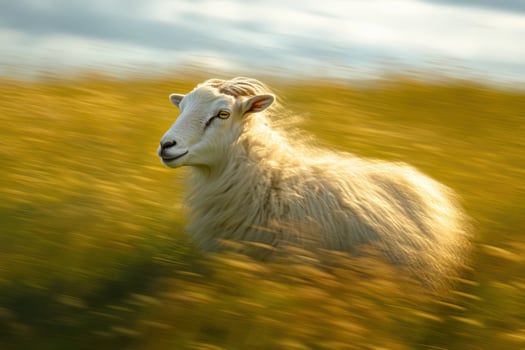 White sheep in a field of tall grass, golden light photo