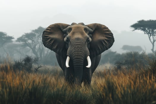 An elephant is walking through a field with trees photo