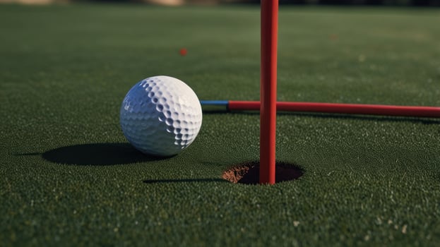 Golf ball and red flag on green grass photo