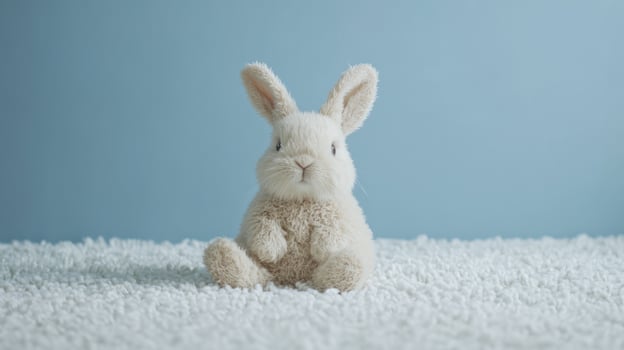A soft, light beige bunny toy sits on a white textured surface against a light blue background photo