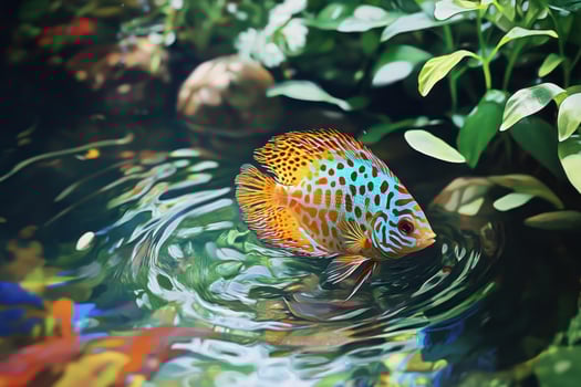 A colorful fish in a pond with green plants photo