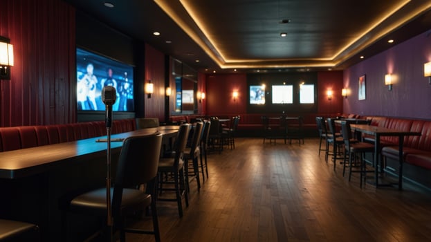 Modern, dimly lit restaurant interior photo