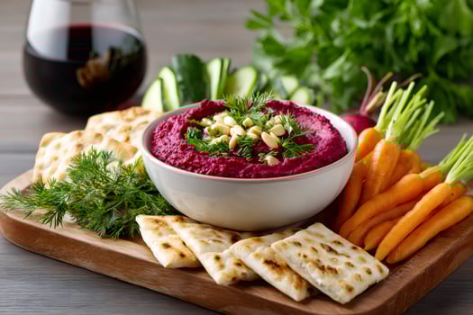 Bowl of beetroot hummus with fresh vegetables, crackers and pine nuts on wooden board photo