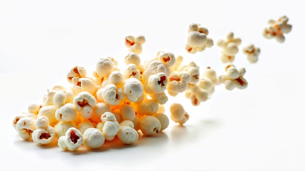 Isolated popcorn kernels are captured in mid-air against a clean white background. The image is suitable for illustrating snack concepts and food freshness. photo