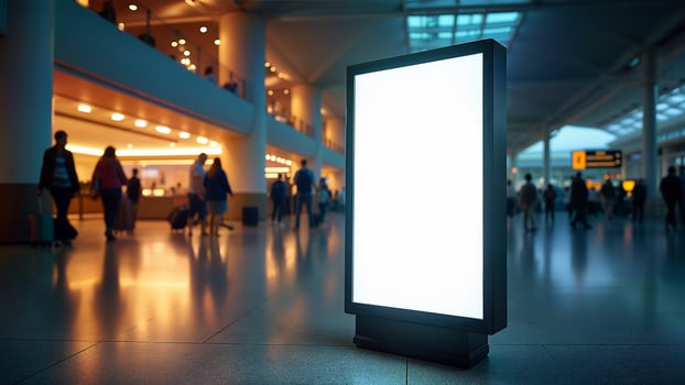 Large isolated light box with blank white screen stands in a busy airport terminal with travelers in the background. Suitable for advertising, marketing, or promotional mockups in transportation or travel environments. photo