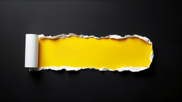 Isolated yellow torn paper strip with rough edges and curled white paper on a solid black background. Suitable for design projects, creative presentations, or advertising requiring a bold and modern visual element. photo