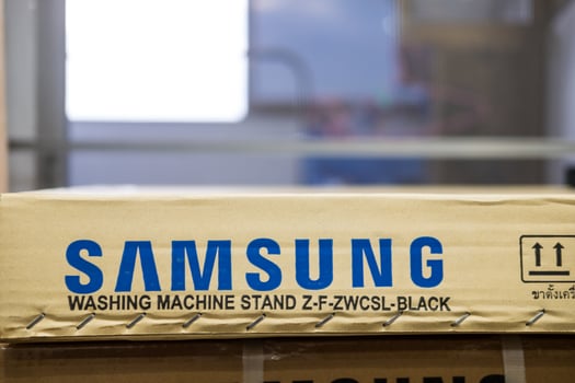 Bangkok, Thailand - July 6, 2025 Box of Samsung washing machine stand photo