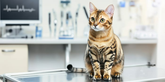 Bengal Cat Sitting On Examination Table In Veterinary Clinic. Cat Health Checkup And Care photo