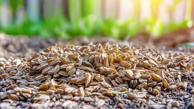 Pile Of Seeds On Fertile Soil With Blurred Green Background. Agricultural Planting And Growth Concept photo