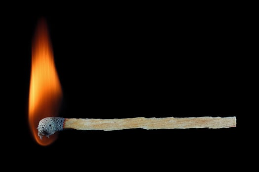 burning dry wood match stick isolated on black photo