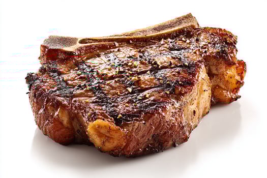 Deliciously grilled cowboy bone in steak with charred edges on white background photo