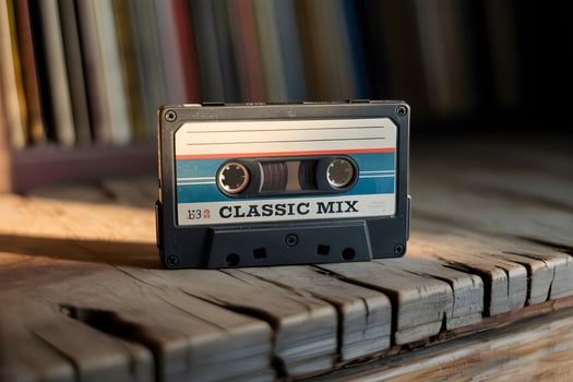 Classic mix cassette tape resting on rustic wooden surface with vinyl records in background photo