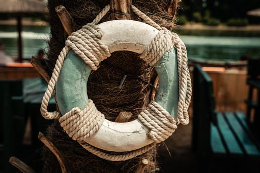 Lifebuoy hanging on a tree near the waterfront restaurant during a sunny day photo