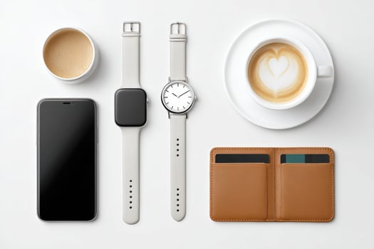 Stylish flat lay composition featuring a smartphone, smartwatch, wristwatch, coffee cup, and wallet on a clean white surface, showcasing modern lifestyle and technology essentials photo