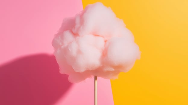A cotton candy on a stick in front of a pink and yellow background photo