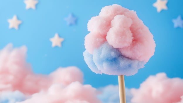 A cotton candy on a stick with pink and blue clouds photo