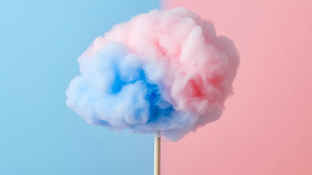 A cotton candy on a stick with blue and pink clouds photo