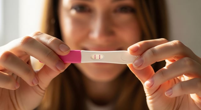 Woman holding a positive pregnancy test, smiling in the background. Hope, new life, and family planning. photo