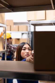 Asian female staff at a small business supply room handles merchandise and prepares shipments, ensuring local delivery. Local brand operations include express delivery, inventory tracking. photo