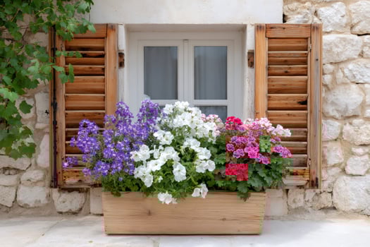 Vibrant Flowers Blooming in Rustic Window Box photo