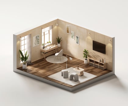 Isometric view living room cozy muji style open inside interior architecture 3d rendering photo