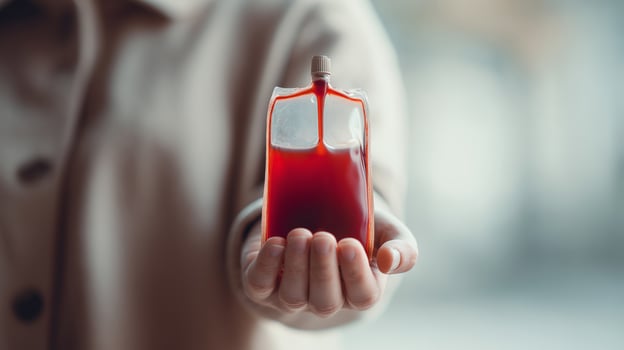 A person holds a small container filled with dark liquid, resembling blood, symbolizing the quest for youth and rejuvenation through metal elements. photo