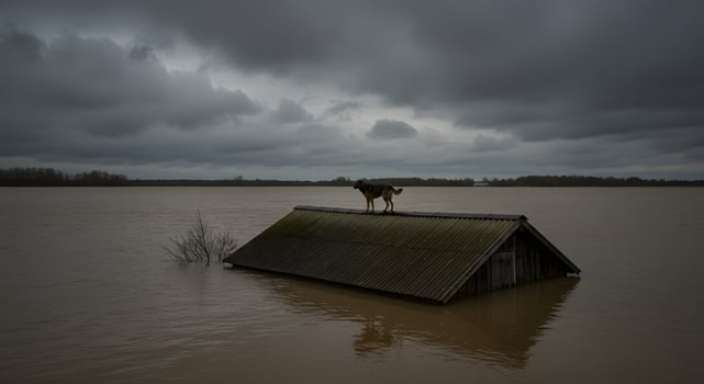 Dog on Flooded Roof Resilience Amidst Stormy Skies and Rising Waters photo