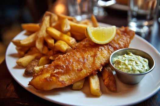 Crispy golden fish and chips with fresh lemon slice isolated on white surface photo