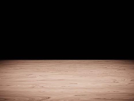 Natural wood table top illuminated by soft light, contrasting with a black background. photo