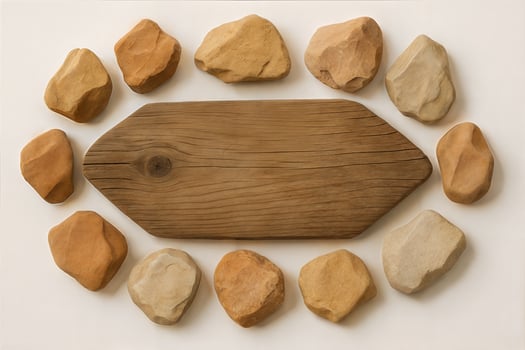 Still life featuring rustic wood plank surrounded by earth toned river rocks on a simple white surface photo