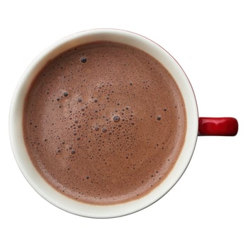 top view of hot chocolate in red cup isolated on white. photo